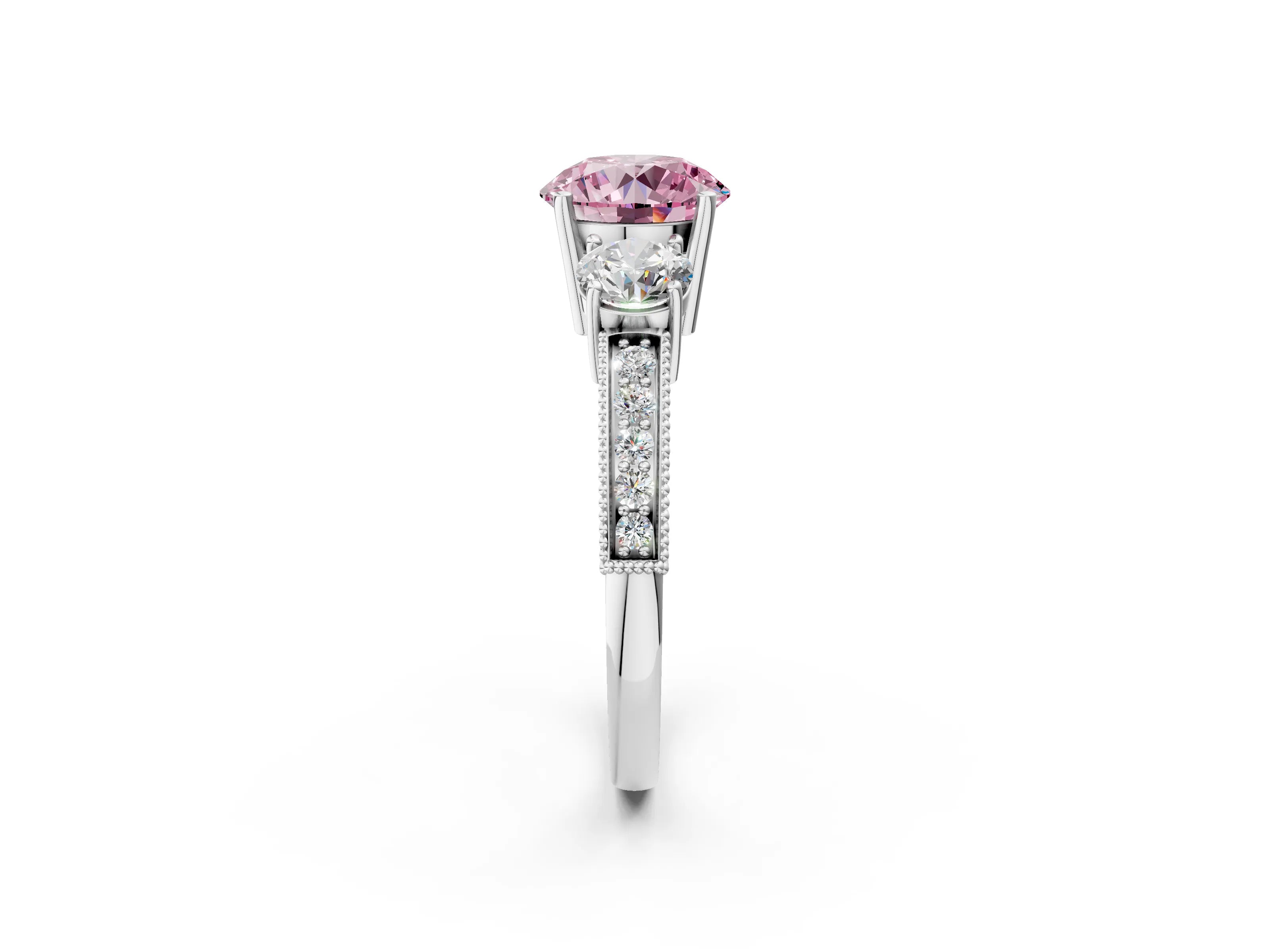 White gold Fancy Pink Round Cut Three-Stone Diamond Ring with Pavé Band and Four-Prong Setting_14