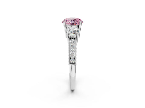 White gold Fancy Pink Round Cut Three-Stone Diamond Ring with Pavé Band and Four-Prong Setting_14