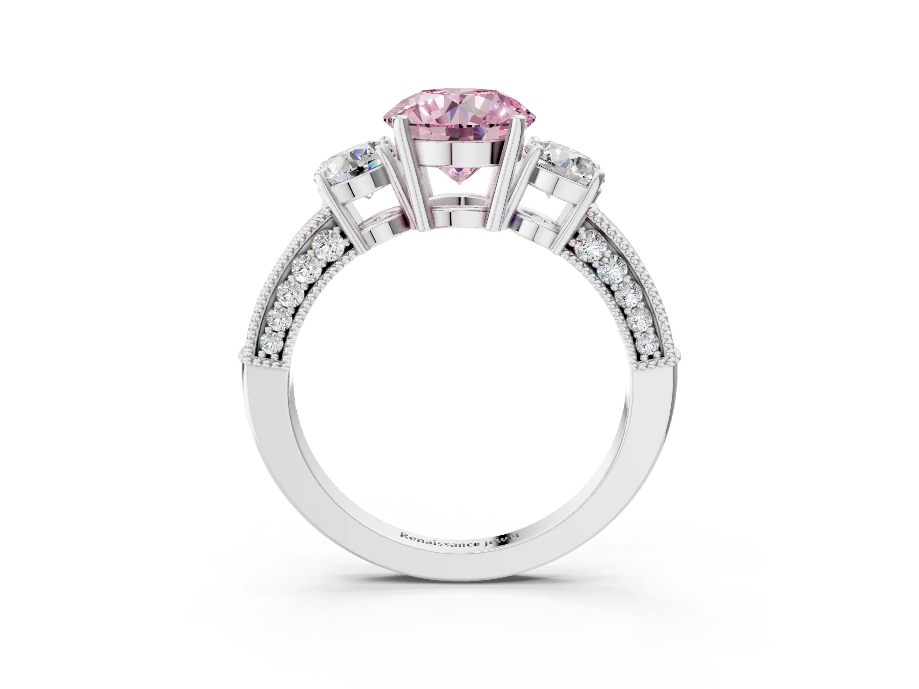 White gold Fancy Pink Round Cut Three-Stone Diamond Ring with Pavé Band and Four-Prong Setting_15