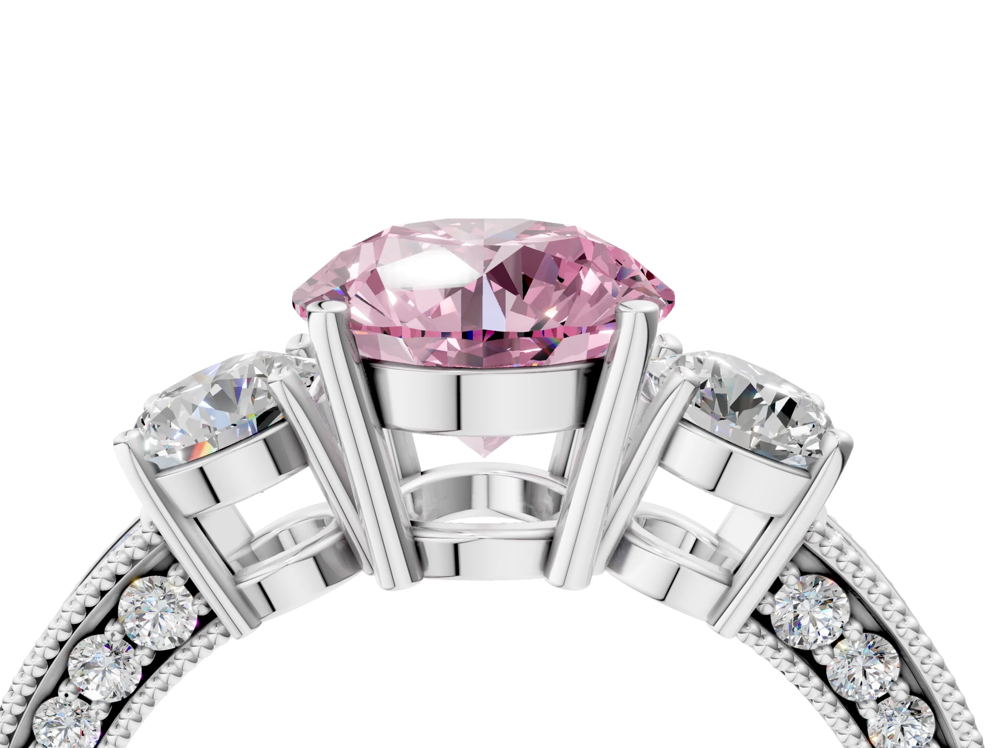 White gold Fancy Pink Round Cut Three-Stone Diamond Ring with Pavé Band and Four-Prong Setting_16