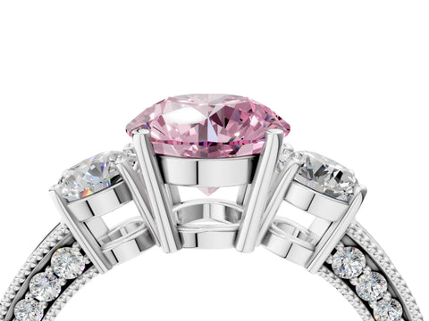 White gold Fancy Pink Round Cut Three-Stone Diamond Ring with Pavé Band and Four-Prong Setting_16