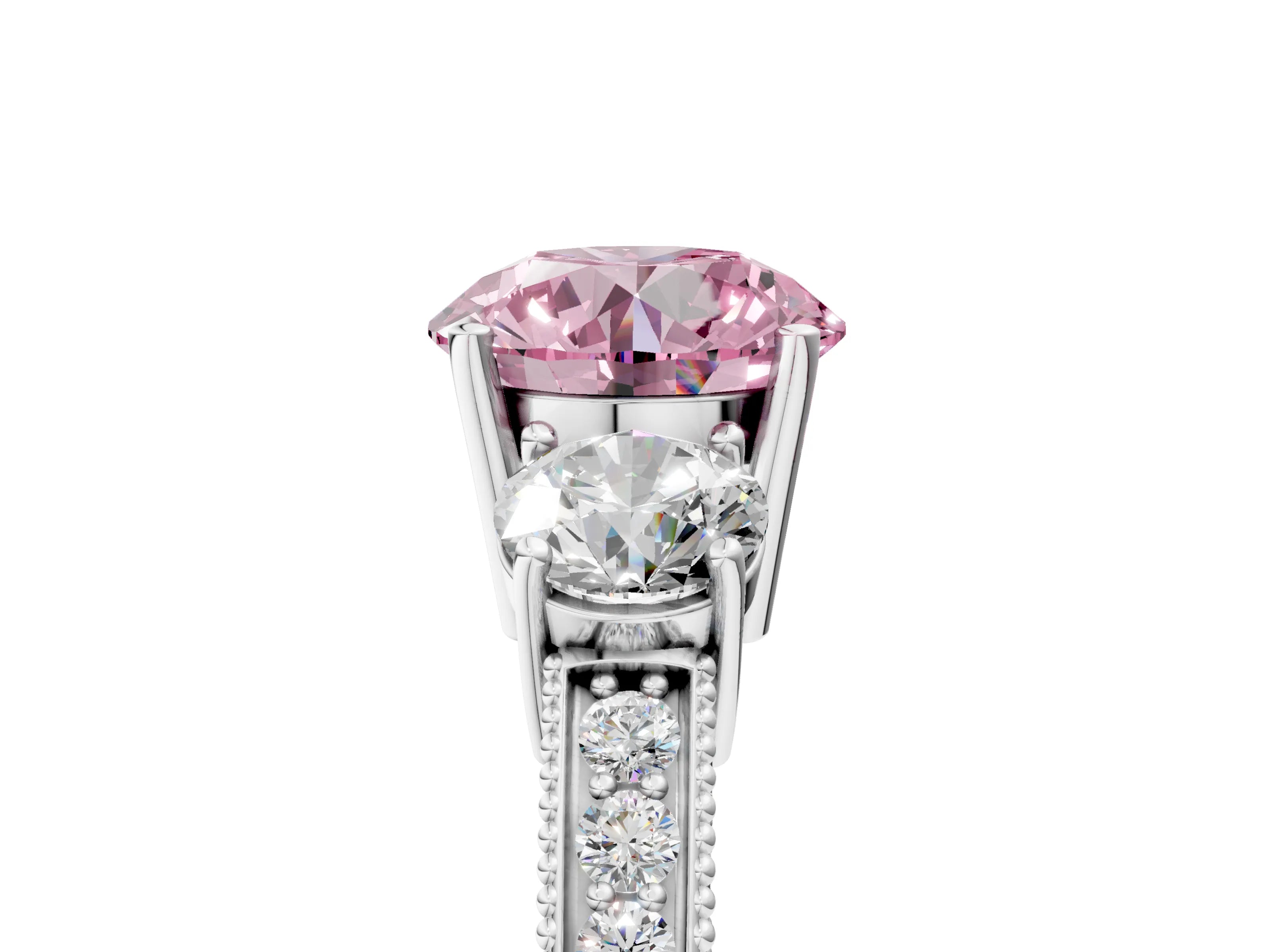 White gold Fancy Pink Round Cut Three-Stone Diamond Ring with Pavé Band and Four-Prong Setting_17