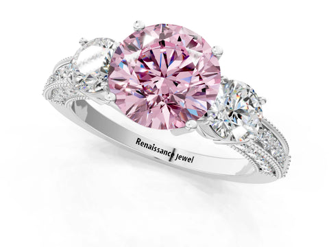 White gold Fancy Pink Round Cut Three-Stone Diamond Ring with Pavé Band and Four-Prong Setting_1