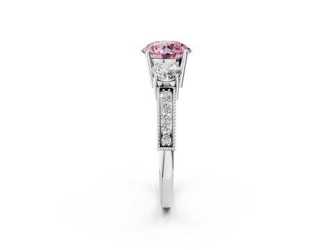 White gold Fancy Pink Round Cut Three-Stone Diamond Ring with Pavé Band and Four-Prong Setting_2