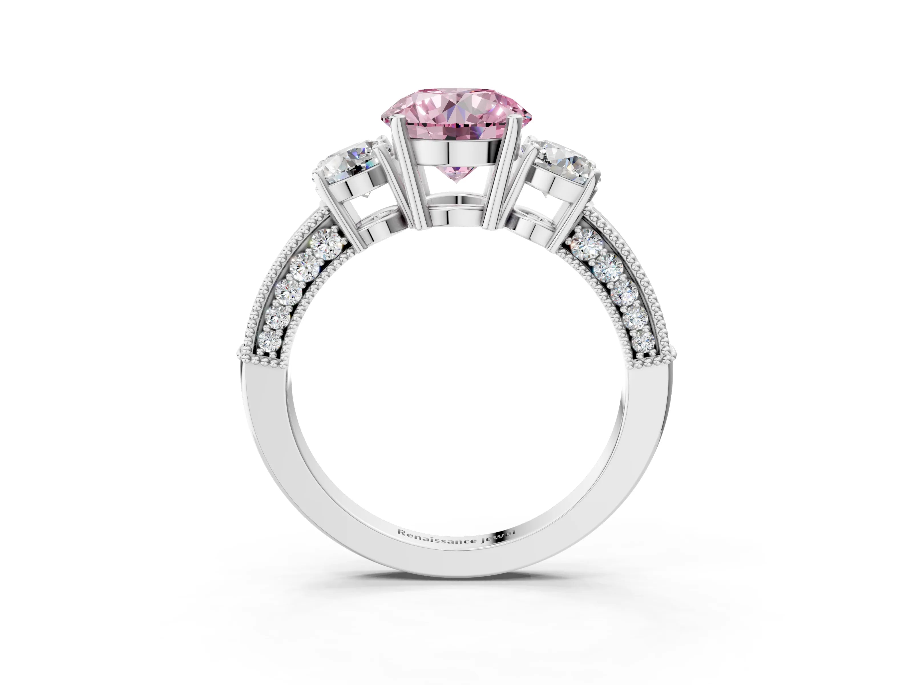White gold Fancy Pink Round Cut Three-Stone Diamond Ring with Pavé Band and Four-Prong Setting_3