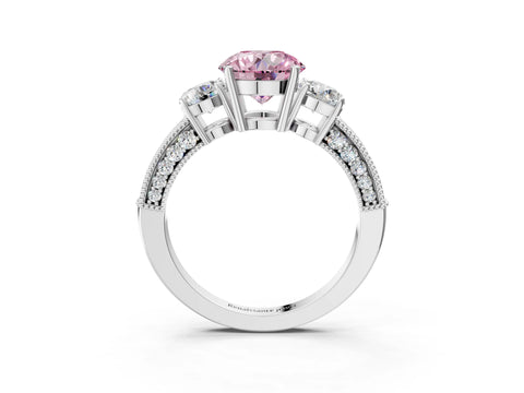 White gold Fancy Pink Round Cut Three-Stone Diamond Ring with Pavé Band and Four-Prong Setting_3