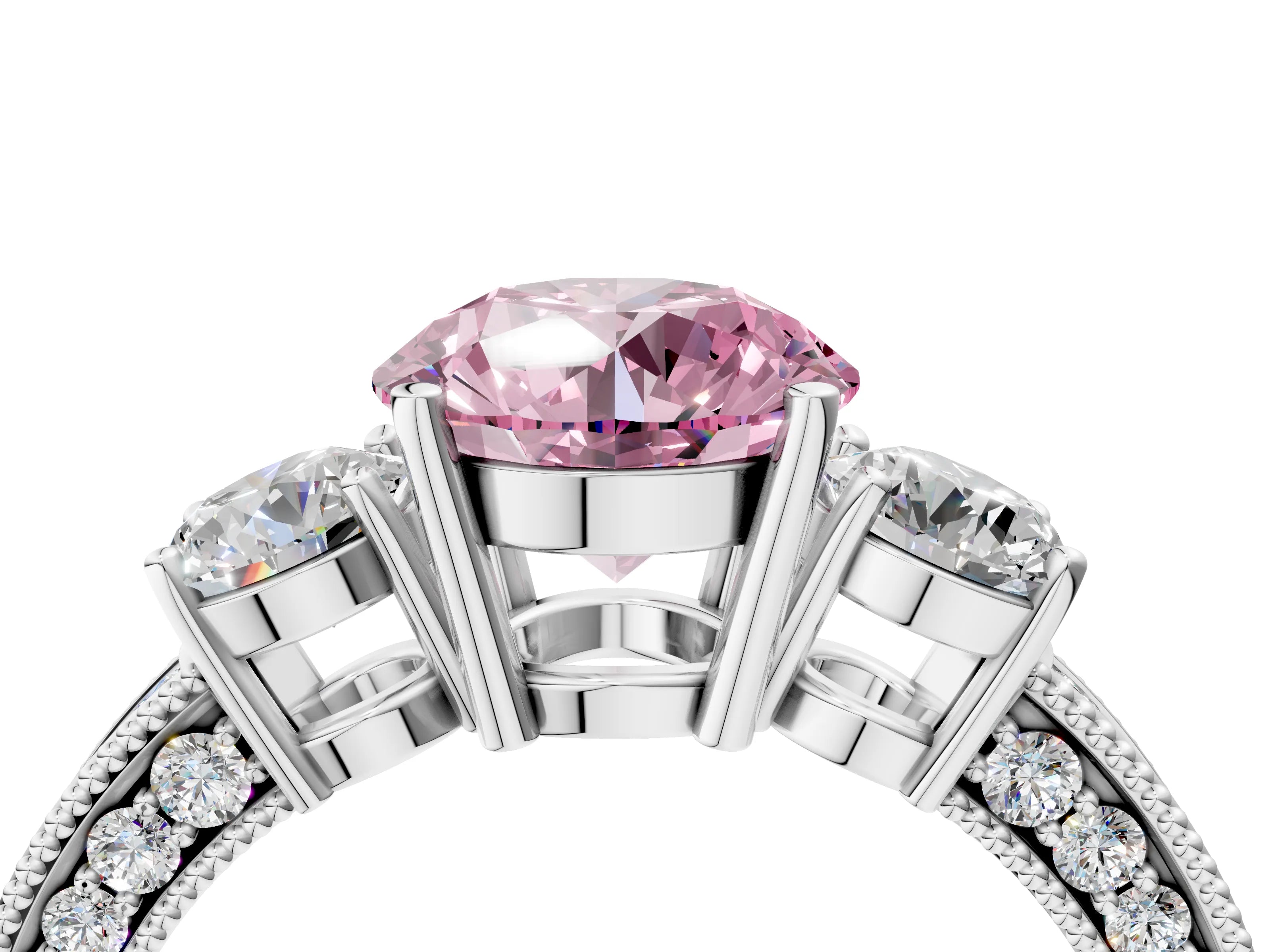 White gold Fancy Pink Round Cut Three-Stone Diamond Ring with Pavé Band and Four-Prong Setting_4