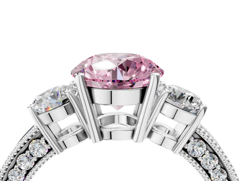 White gold Fancy Pink Round Cut Three-Stone Diamond Ring with Pavé Band and Four-Prong Setting_4