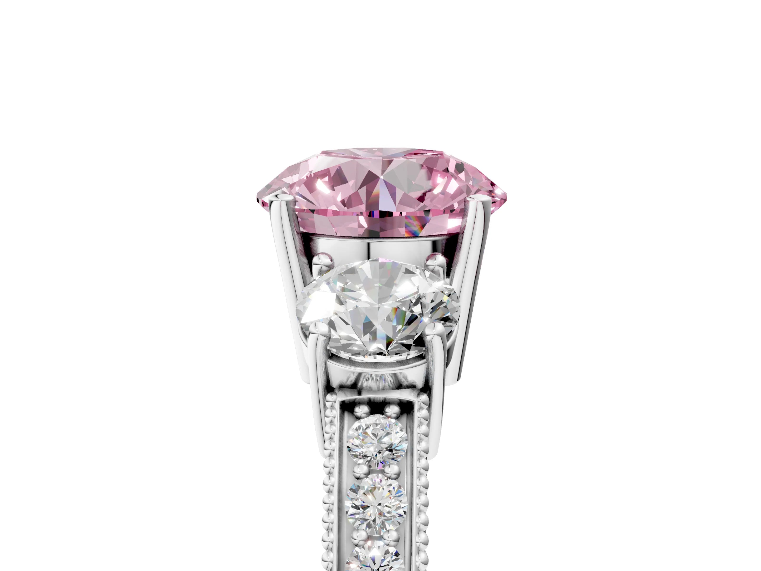 White gold Fancy Pink Round Cut Three-Stone Diamond Ring with Pavé Band and Four-Prong Setting_5