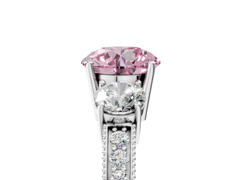 White gold Fancy Pink Round Cut Three-Stone Diamond Ring with Pavé Band and Four-Prong Setting_5