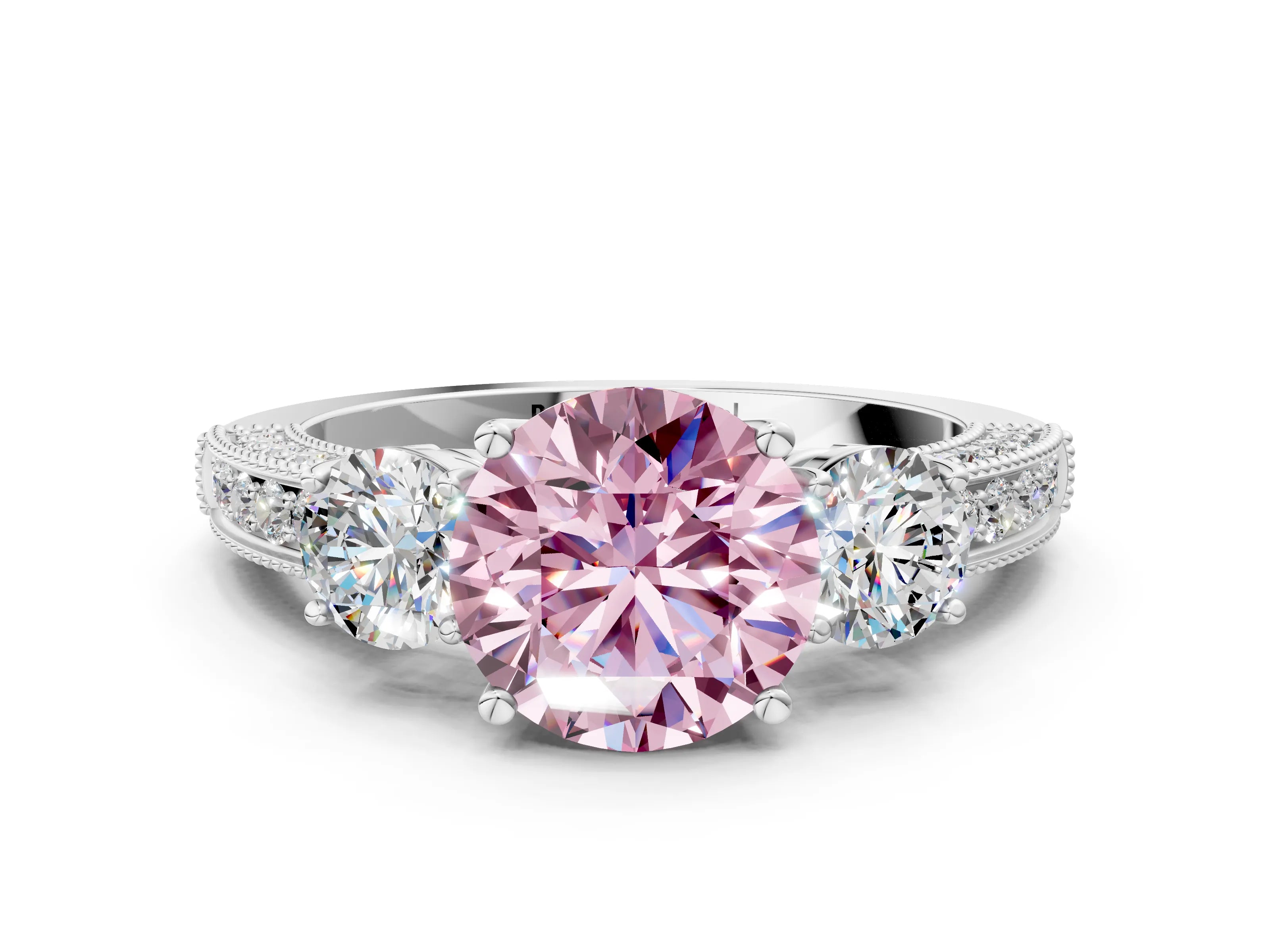 White gold Fancy Pink Round Cut Three-Stone Diamond Ring with Pavé Band and Four-Prong Setting