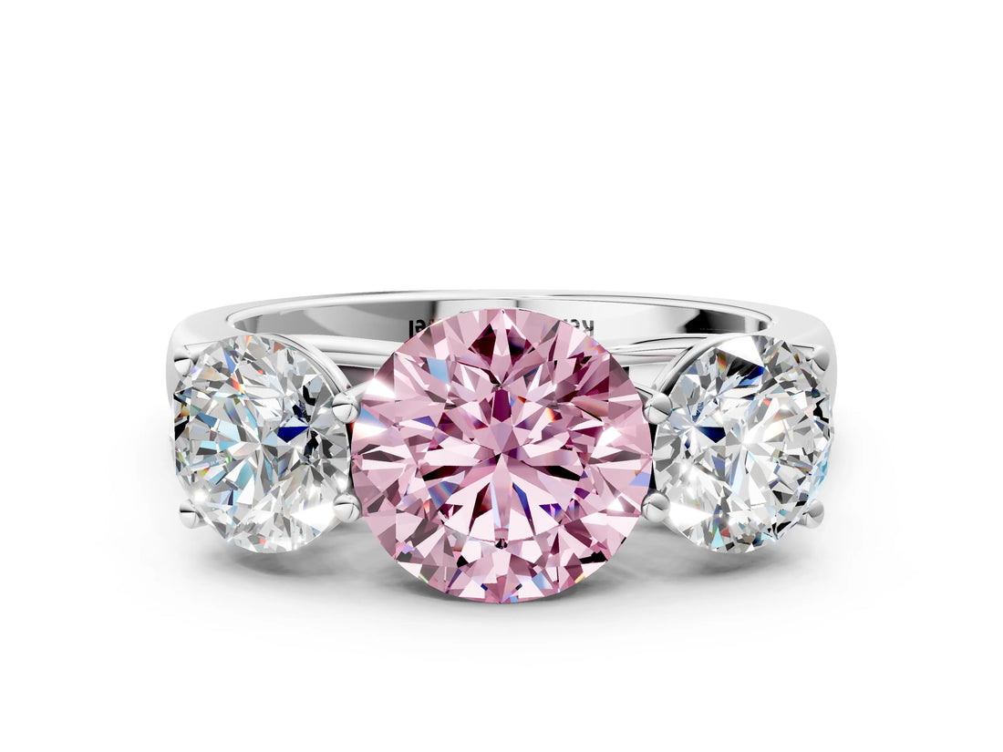 White gold Fancy Pink Round Cut Three-Stone Diamond Ring with Prong Setting on a Classic Band_12