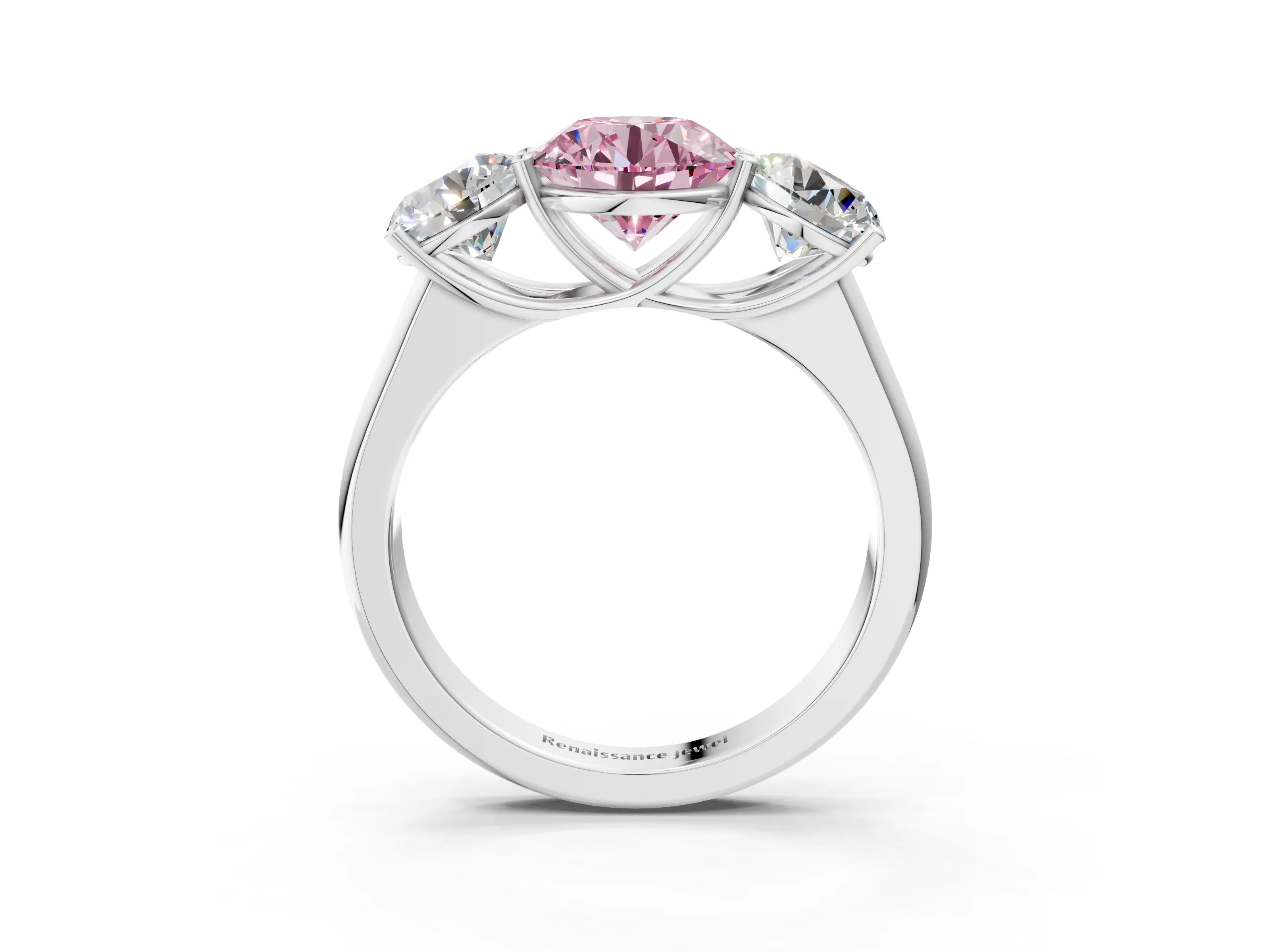 White gold Fancy Pink Round Cut Three-Stone Diamond Ring with Prong Setting on a Classic Band_3