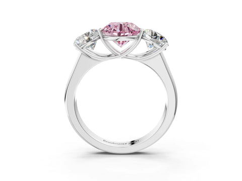 White gold Fancy Pink Round Cut Three-Stone Diamond Ring with Prong Setting on a Classic Band_3
