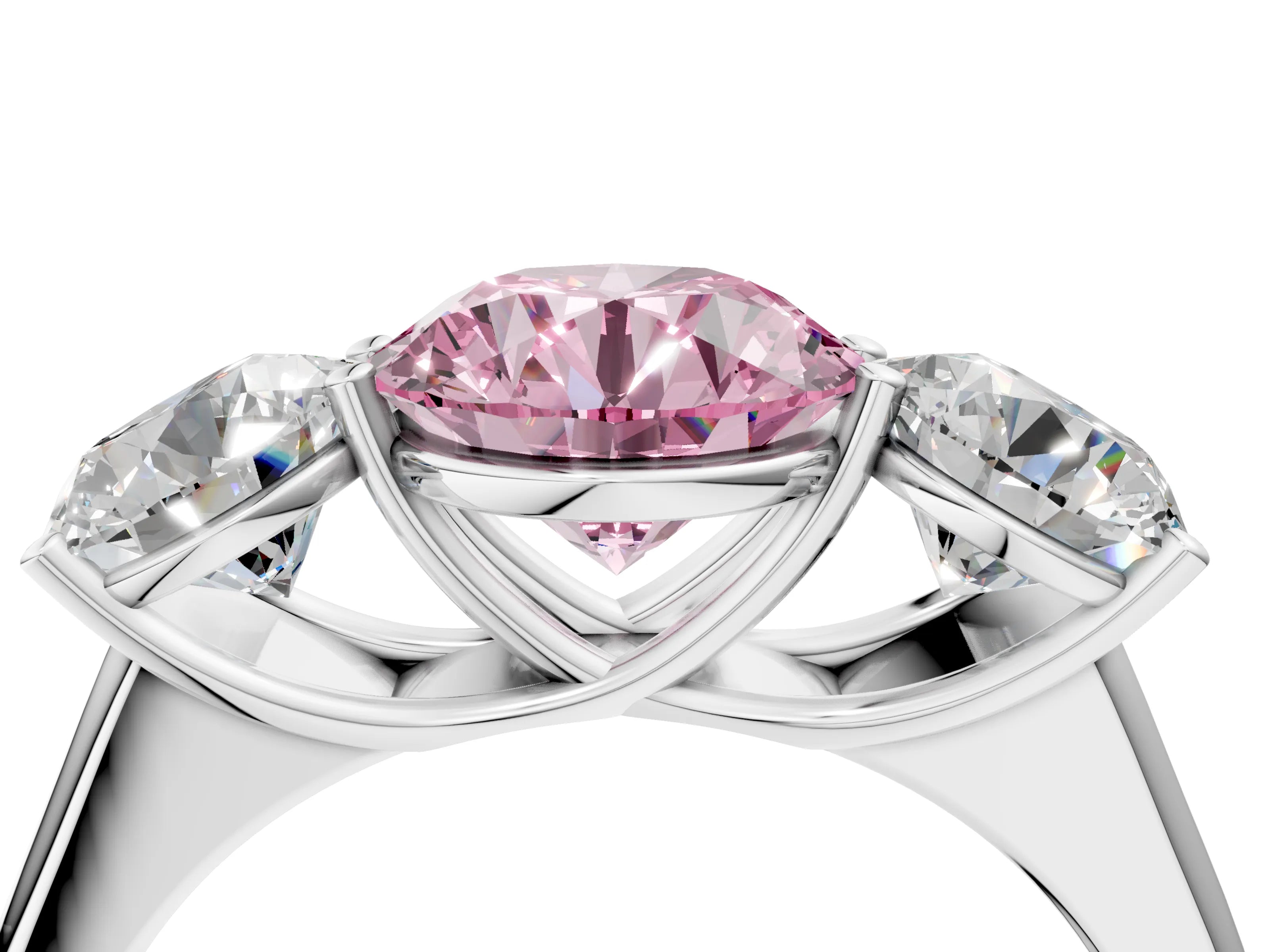 White gold Fancy Pink Round Cut Three-Stone Diamond Ring with Prong Setting on a Classic Band_4