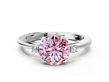 White gold Fancy Pink Round  Cut Three-Stone Solitaire Ring with Round Accent Diamonds and Four-Prong Setting