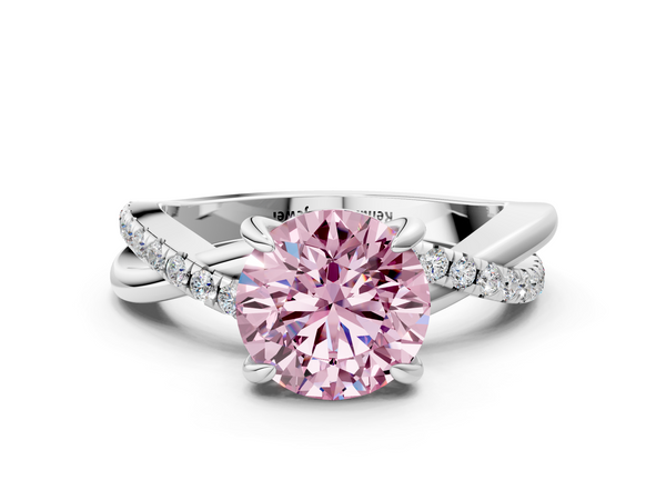 White gold Fancy Pink Round  Cut Twist Band Solitaire Diamond Ring with Pavé Setting