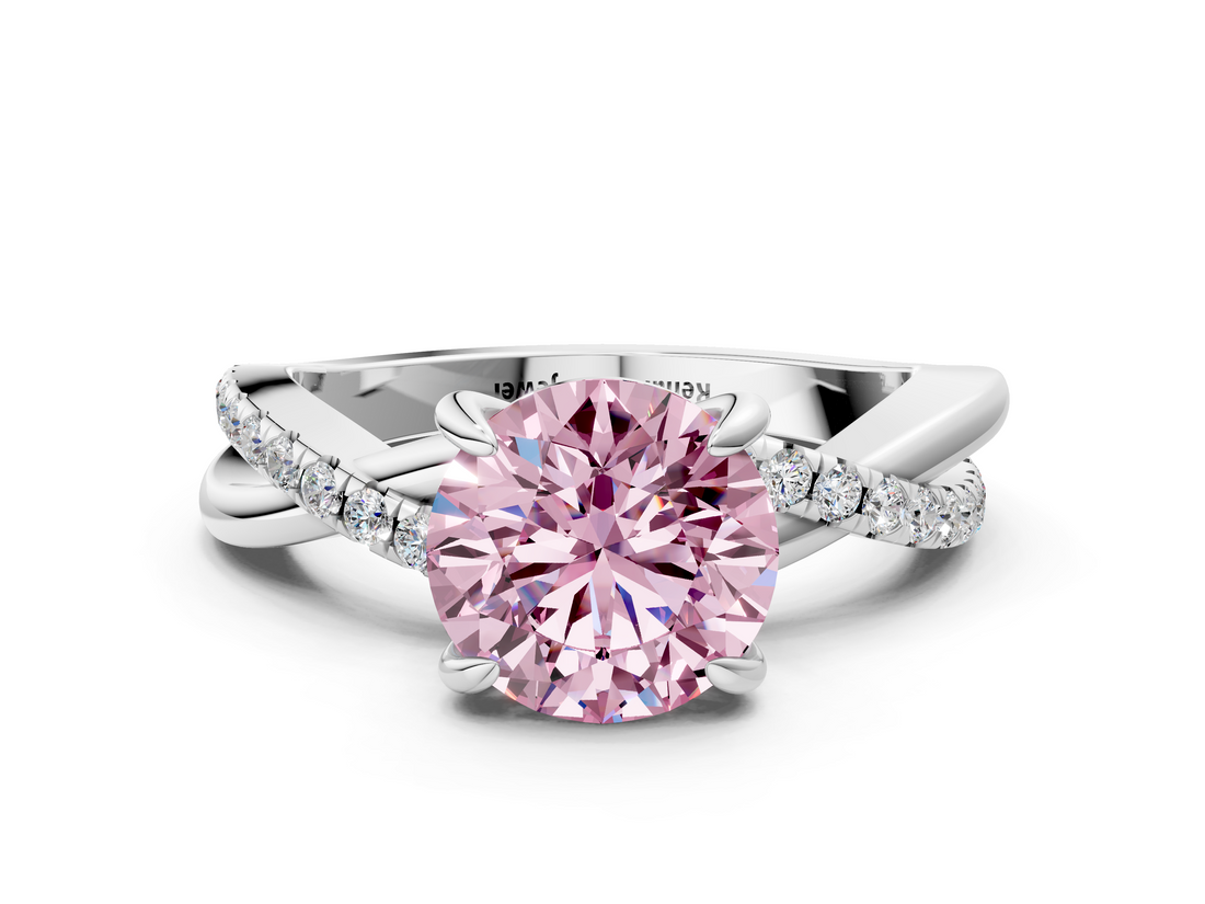 White gold Fancy Pink Round  Cut Twist Band Solitaire Diamond Ring with Pavé Setting_3
