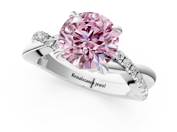 White gold Fancy Pink Round  Cut Twist Band Solitaire Diamond Ring with Pavé Setting