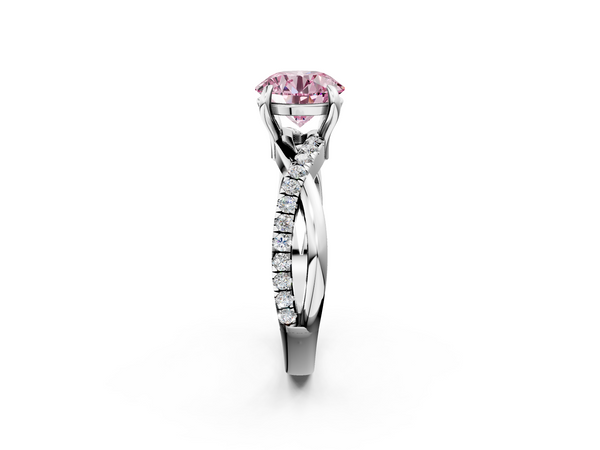 White gold Fancy Pink Round  Cut Twist Band Solitaire Diamond Ring with Pavé Setting
