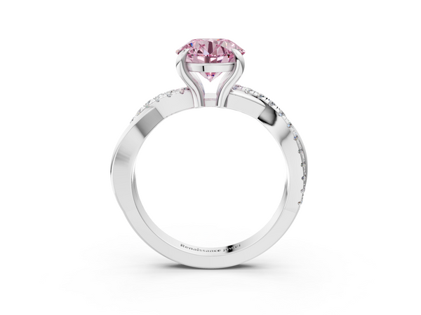 White gold Fancy Pink Round  Cut Twist Band Solitaire Diamond Ring with Pavé Setting