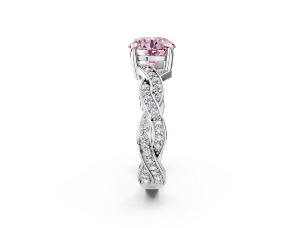 White gold Fancy Pink Round  Cut Twisted Pavé Band Solitaire Ring with Four-Prong Setting