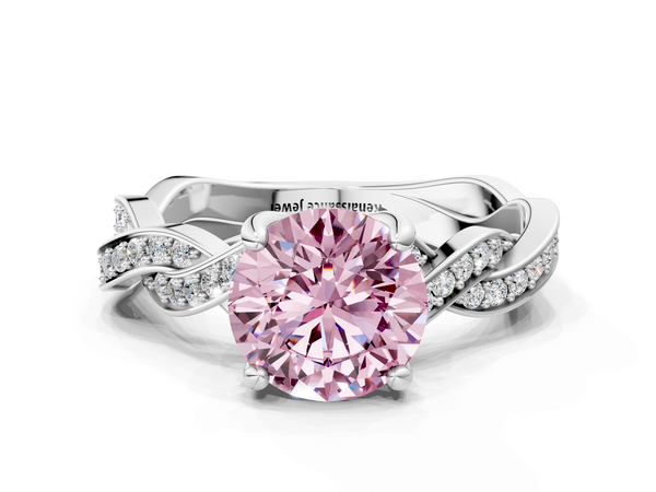 White gold Fancy Pink Round  Cut Twisted Pavé Band Solitaire Ring with Four-Prong Setting