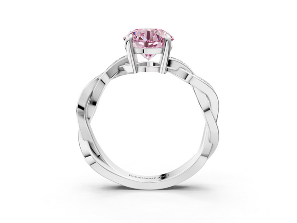 White gold Fancy Pink Round  Cut Twisted Pavé Band Solitaire Ring with Four-Prong Setting