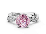 White gold Fancy Pink Round  Cut Twisted Pavé Band Solitaire Ring with Four-Prong Setting