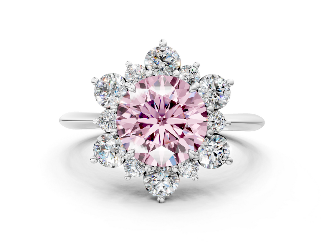 White gold Fancy Pink Round  Diamond Cluster Halo Ring with Solitaire Band and Four-Prong Setting