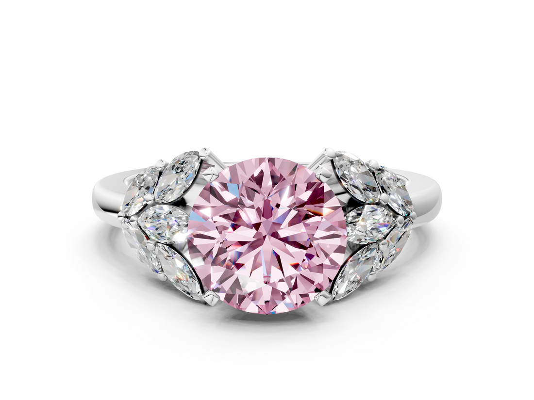 White gold Fancy Pink Round  Diamond Cluster Leaf Design Ring with Prong Setting