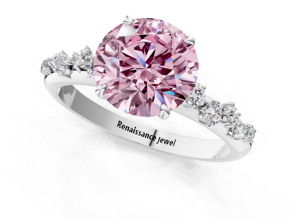 White gold Fancy Pink Round  Diamond Cluster Prong-Set Solitaire Ring