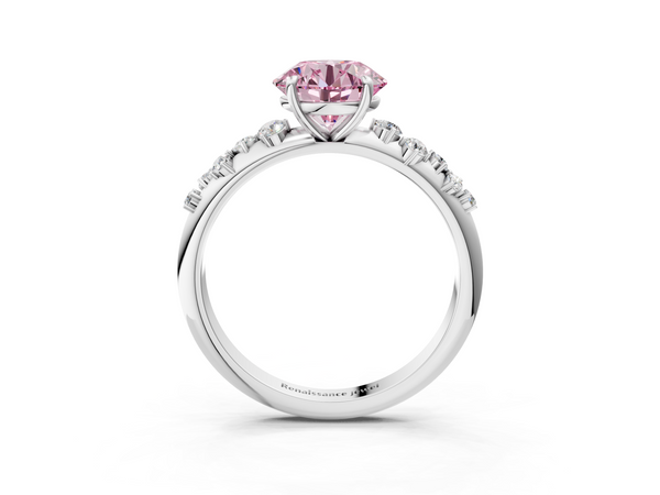 White gold Fancy Pink Round  Diamond Cluster Prong-Set Solitaire Ring