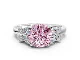 White gold Fancy Pink Round  Diamond Floral Cluster Ring with Solitaire Band and Prong Setting