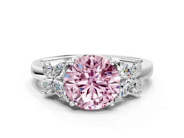 Platinum Fancy Pink Round  Diamond Floral Cluster Ring with Solitaire Band and Prong Setting