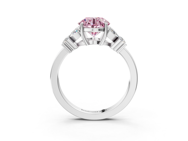Platinum Fancy Pink Round  Diamond Floral Cluster Ring with Solitaire Band and Prong Setting