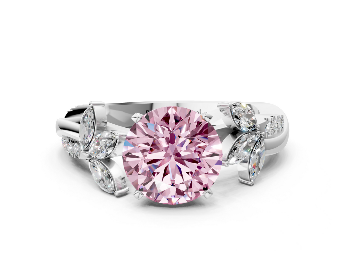 White gold Fancy Pink Round  Diamond Floral Vine Solitaire Engagement Ring