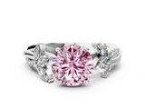 White gold Fancy Pink Round  Diamond Floral Vine Solitaire Engagement Ring