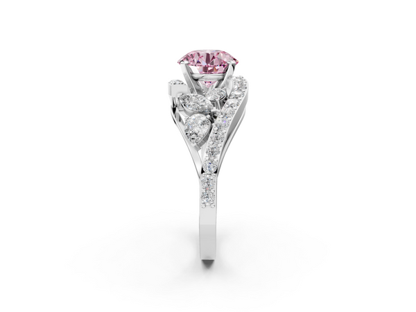 White gold Fancy Pink Round  Diamond Halo Ring with Marquise and Pavé Band in Prong Setting