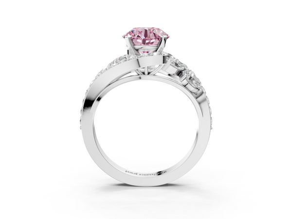 White gold Fancy Pink Round  Diamond Halo Ring with Marquise and Pavé Band in Prong Setting