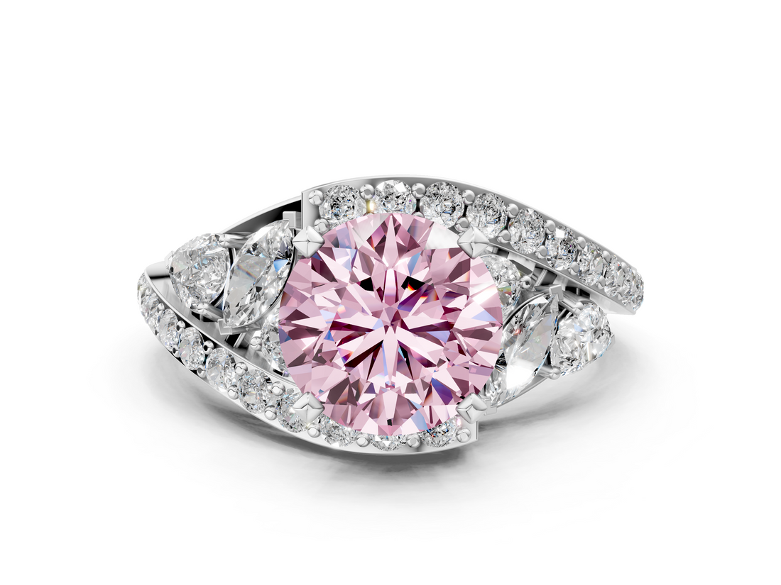 White gold Fancy Pink Round  Diamond Halo Ring with Marquise and Pavé Band in Prong Setting