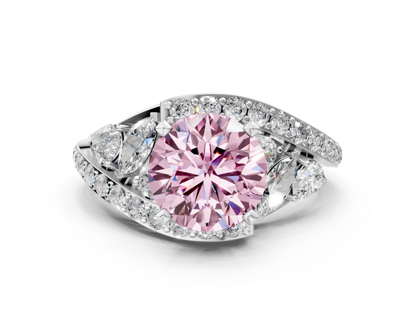 White gold Fancy Pink Round  Diamond Halo Ring with Marquise and Pavé Band in Prong Setting