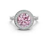 White gold Fancy Pink Round  Diamond Halo Ring with Milgrain Frame and Pavé Band_34
