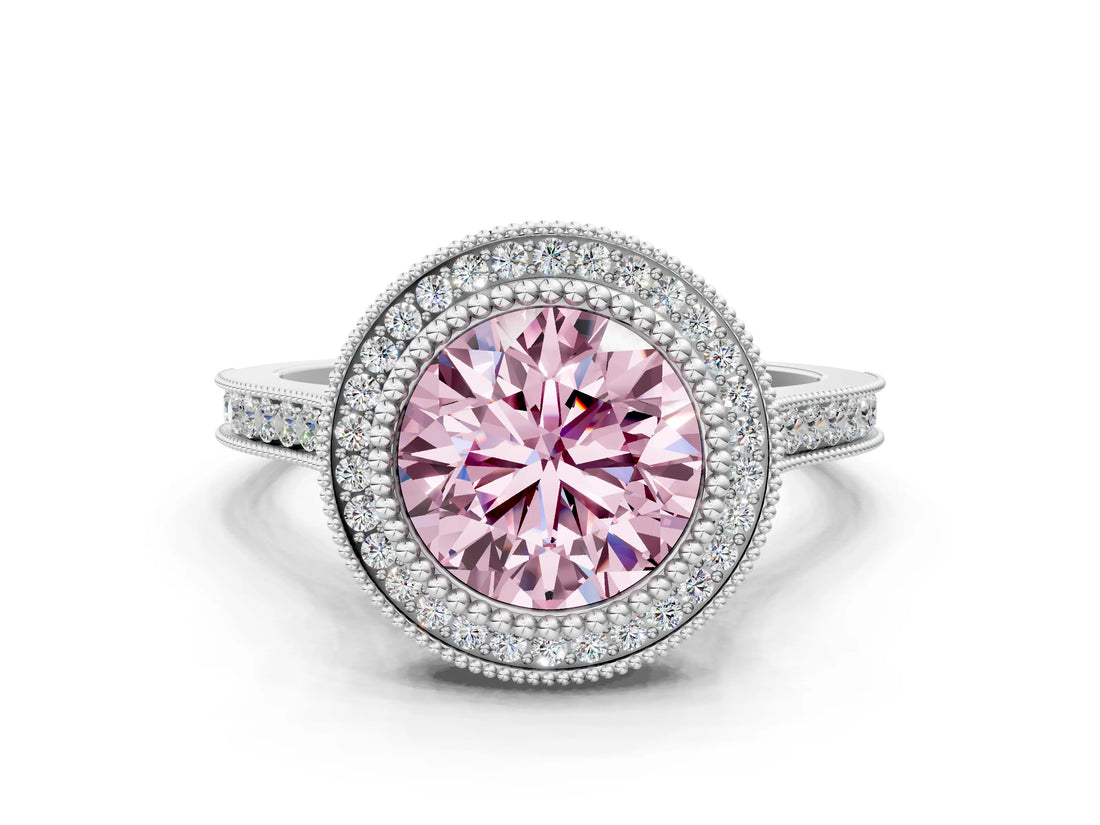 White gold Fancy Pink Round  Diamond Halo Ring with Milgrain Frame and Pavé Band_35