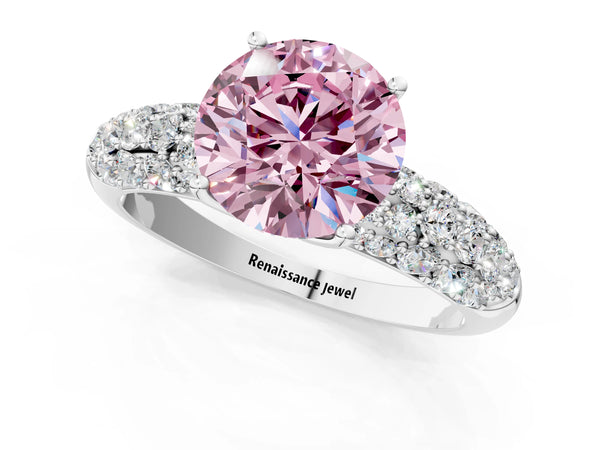 Platinum Fancy Pink Round  Diamond Pavé Band Solitaire Ring with Four-Prong Setting