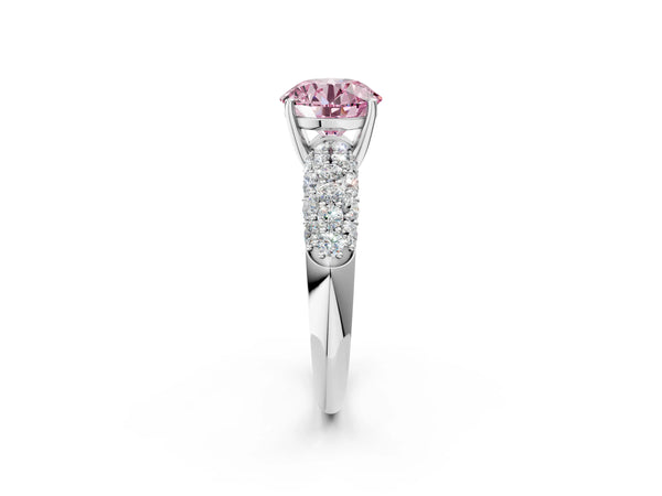 Platinum Fancy Pink Round  Diamond Pavé Band Solitaire Ring with Four-Prong Setting