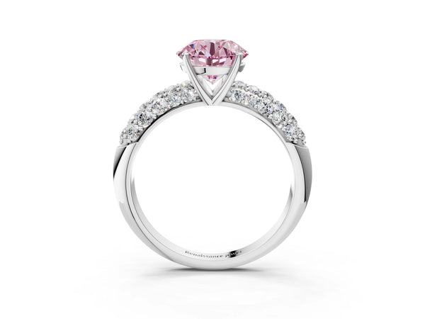 Platinum Fancy Pink Round  Diamond Pavé Band Solitaire Ring with Four-Prong Setting