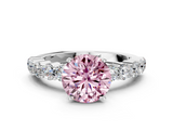 White gold Fancy Pink Round  Diamond Pavé Band Solitaire with Four-Prong Setting