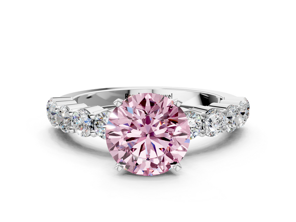 White gold Fancy Pink Round  Diamond Solitaire Ring with Shared Prong Round Side Stones