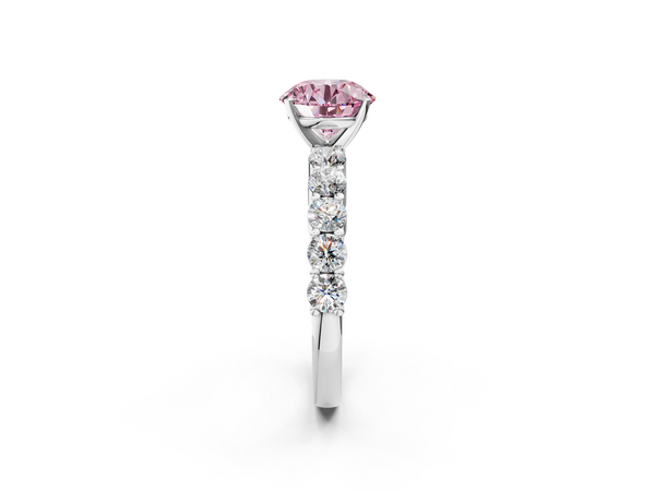 White gold Fancy Pink Round  Diamond Solitaire Ring with Shared Prong Round Side Stones